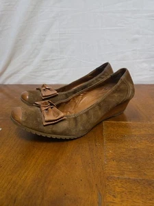 Paul Green Munchen Suede Leather Bow Wedges Nola Brown Shoes Size 8.5 - Picture 1 of 7