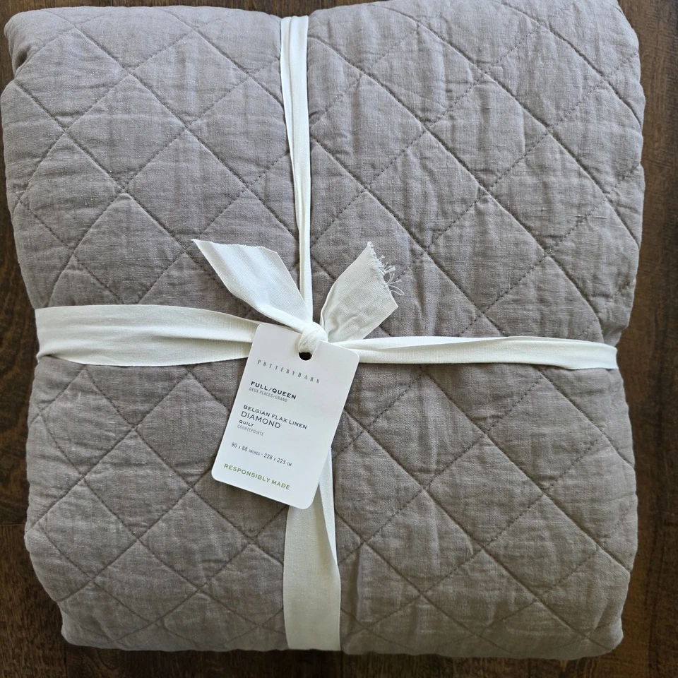 Pottery Barn Belgian Flax Linen DIAMOND QUILT-Full/Queen - Warm Gray  - NWT - Image 1 of 3