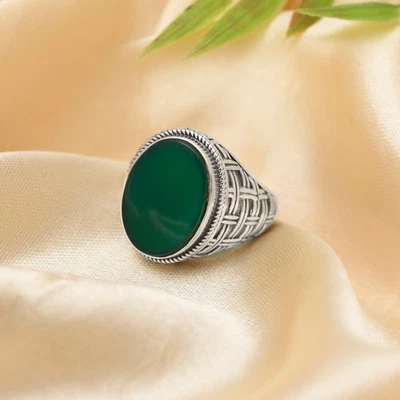 Solid 925 Sterling Silver Oval Green Onyx Gemstone Unique Gift Men's Jewelry - Image 1 of 4