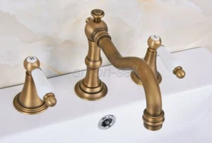 Antique Brass Widespread 3 Holes Bathroom Basin Faucet 2 Handles Sink Mixer Tap - Picture 1 of 8
