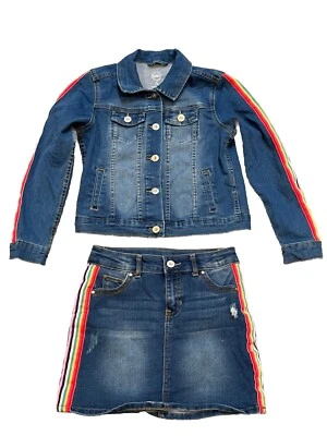 Wonder Nation 2 Piece Blue Denim Jacket And Skirt Rainbow Sleeves Size Medium 7 - Image 1 of 4