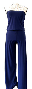 NIKKI POULOS Women's Navy Blue Strapless Jumpsuit Wide Leg Stretch Shelf Bra XS