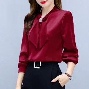 Long Sleeve Blouse Women Bow Collar Chiffon Blouse Shirt Tops Office Lady Tops - Picture 1 of 10