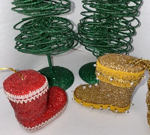 Vintage Push Pin Christmas Ornament Boot Gold Red Glitter Taiwan - Picture 1 of 5