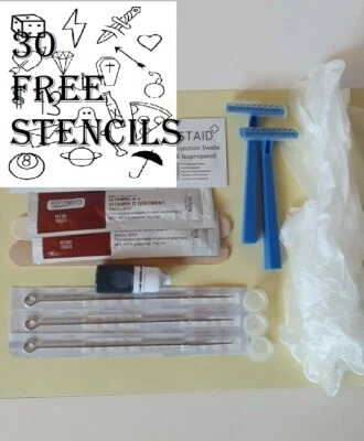 30 Stencils Full Stick and Hand Poke Tattoo Kit - Needles / Ink / Gloves / Cups