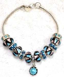 7.9" Blue Pearl Charm Bracelet Murano Lampwork Glass Beads Rhinestone Spacers - Picture 1 of 4