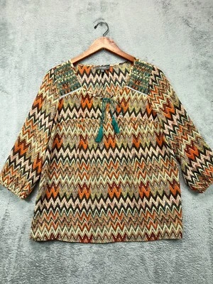 UMGEE Boho Top Shirt Womens Large Brown Sheer Blouse Half Sleeve Casual Ladies 1 - Image 1 of 4