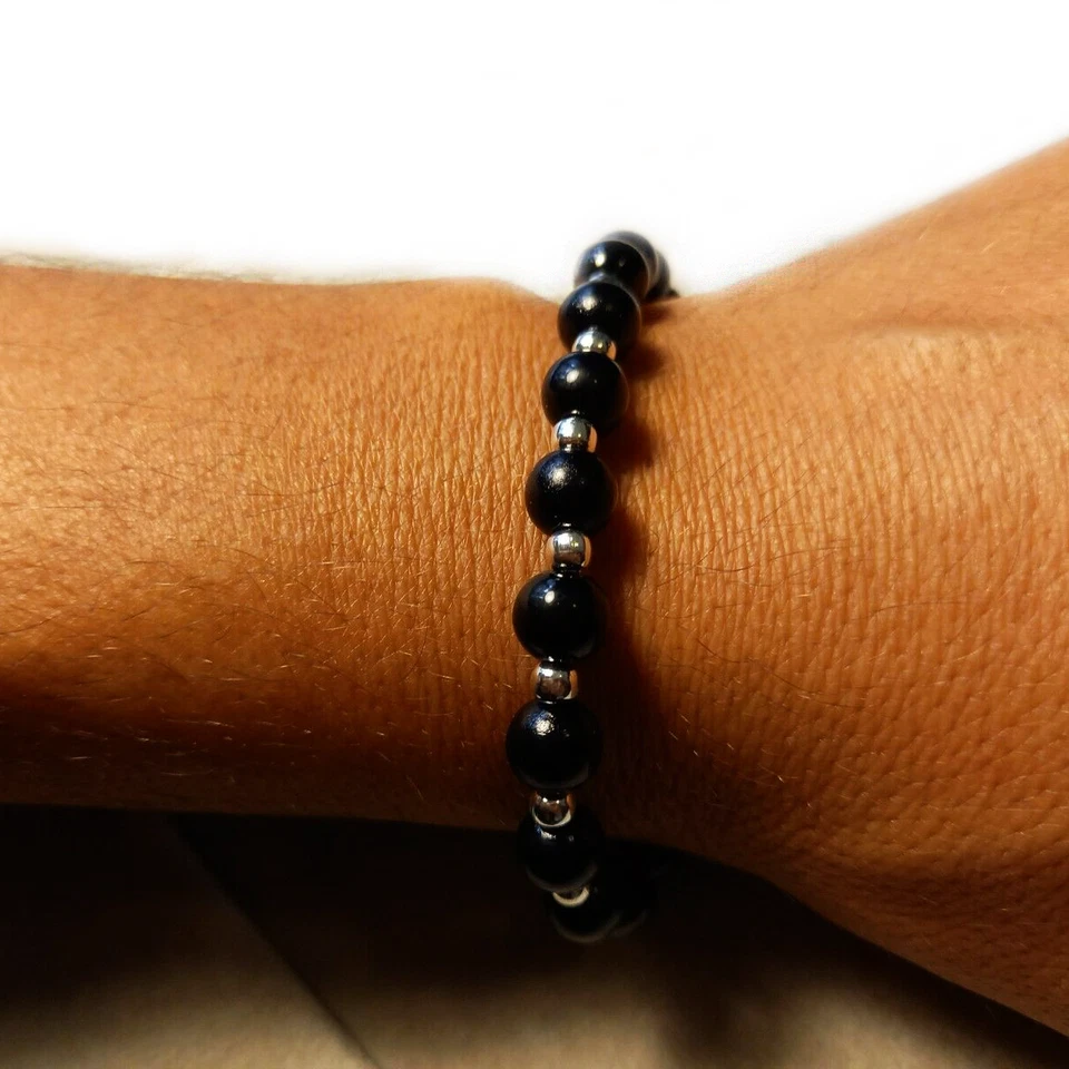 Bracciale con perle 8mm Nero Argento in Acciaio inox braccialetto da Uomo Donna - Immagine 1 di 1