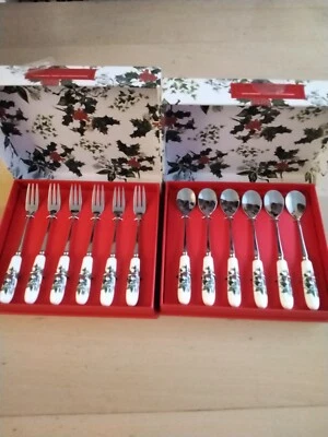 Portmeirion The Holly and the Ivy 6 чайных ложек в коробке и 6 вилок для выпечки в коробке новые - Изображение 1 из 4