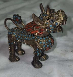 Vintage Tibetan Turquoise, Coral Bronze Foo Dog Lion Snuff Bottle Incense Burner - Picture 1 of 16