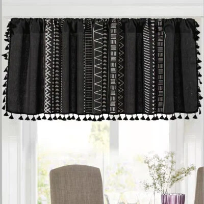 Cenefa de ventana boho semi apagada cocina cortina corta niveles cortinas con borla Foto 1 de 4
