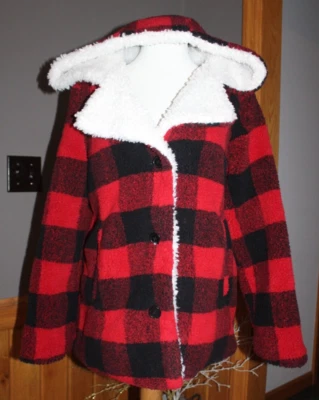 Женская флисовая куртка с капюшоном Steve Madden красный черный буйвол в клетку $225 маленький - Изображение 1 из 4