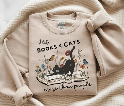 Pull pour chats amoureux des livres cadeau bookish sweat-shirt amoureux des chats chemise - Photo 1/4