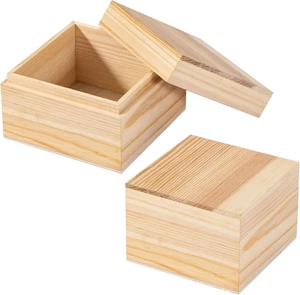 Unfinished Wooden Box with Lid, 2 Pcs 3.8''x3.8''x2.6'' Small Keepsake Box, R... - Picture 1 of 1