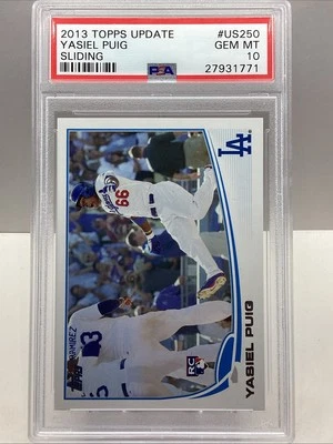 2013 TOPPS UPDATE YASIEL PUIG SLIDING #US250 RC SSP PSA 10 GEM MT *POP 10 - Image 1 of 3
