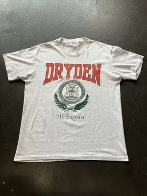 Vintage 90s 1992 Dryden Michigan Spellout Single Stitch Tourist Shirt Gray L USA - Image 1 of 4