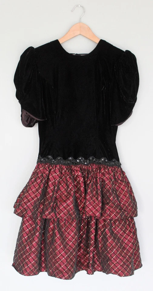 Vestido de Colección Años 80 Scott McCLINTOCK Terciopelo y Tafetán Borgoña Espalda Abierta Talla 10 Foto 1 de 4