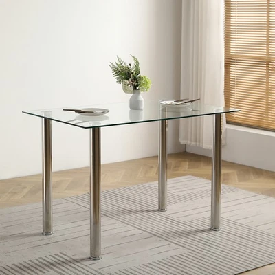 Rectangular Cylindrical Leg Table Tempered Glass Stainless Steel Clear Glass - Image 1 of 4