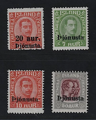 Iceland official stamps 43 + 63-65 ** overprints King Christian complete, 260,- € - Image 1 of 2