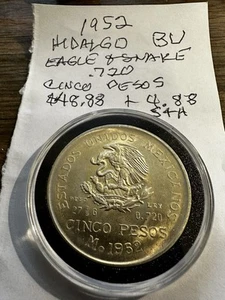 1952 MO Mexico Cinco Pesos Hidalgo .720 Silver, Beautiful Coin With Luster - Picture 1 of 2