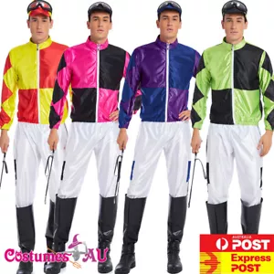 Mens Jockey Horse Costume Racing Rider Melbourne Cup Uniform Goggles Whips Dress - Picture 1 of 16