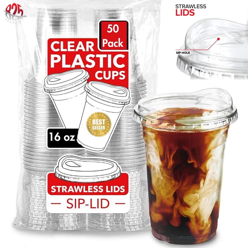 DART 50 Sets Clear Plastic Cups With Strawless Sip-Lids, To-Go Cups for Iced Coffee