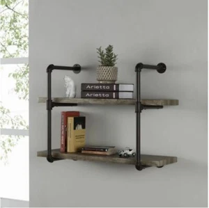 NEW Two Tier Faux Wood Industrial Pipe Wall Shelf Decorative Shelving Home Decor - Picture 1 of 5