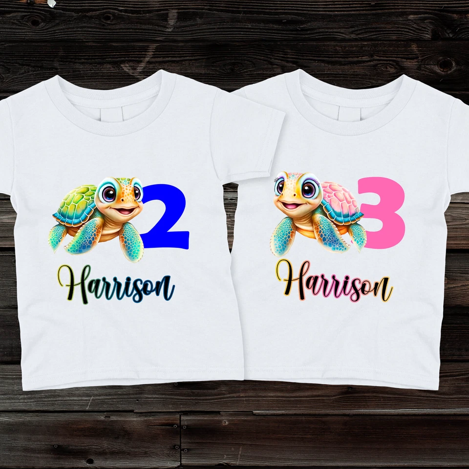 Camiseta de cumpleaños personalizada Ocean Turtle para niños, niñas y niños pequeños Foto 1 de 1