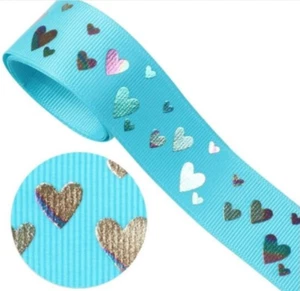 GROSGRAIN RIBBON 7/8" Silver Foil Hear on Blue Ribbon Hairbow Birthday gift - Picture 1 of 1
