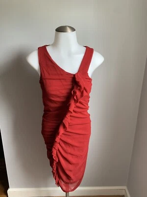 Women’s Jean Paul Gaultier Red Mesh Soleil Fuzzi Dress Front Ruffle Sleeveless S - Image 1 of 4