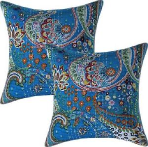 Indian Handmade Cotton Cushion Cover Kantha Work Set Of 2 Decorative Pillow Case