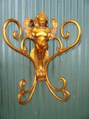 STUNNING PAIR DECO WROUGHT IRON SIREN SCONCES OLD ENAMEL GOLDISH PAINT 15" TALL - Image 1 of 4
