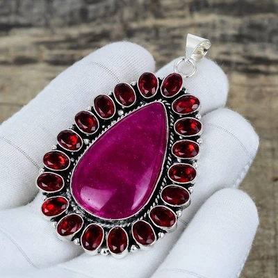 Ruby Lab-Created Gemstone Handmade 925 Sterling Silver Jewelry Pendant Wife Gift - Image 1 of 4