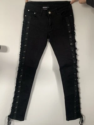 Black Goth Punk Rockabilly Lace Up Skinny Trousers Jeans BANNED size S  - Image 1 of 4