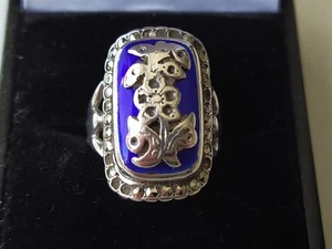 Antique Georgian Silver Blue Enamel Gemstone Forget Me Not Ring Size L - Picture 1 of 12