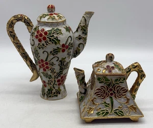 Vintage Cloisonne Poinsettia Flower Enamel Decorative Tea Pots x2 - Picture 1 of 11