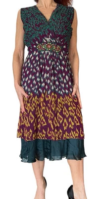 Vestido antigo Batik sem mangas gola V seda frisada Yuka Art Ho festival boho midi P - Imagem 1 de 4