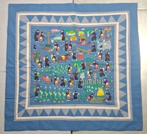 VTG Hand-Embroidered Cross Stitch  Asian Rice Village Quilted Border Tablecloth  - Picture 1 of 7