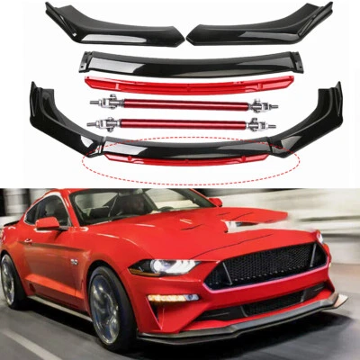 For Ford Mustang GT Front Bumper Lip Splitter Spoiler Strut Rod Glossy Black+Red - Изображение 1 из 4