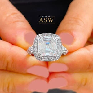 14K WHITE GOLD ASSCHER MOISSANITE AND NATURAL DIAMOND ENGAGEMENT RING 4.05CT - Picture 1 of 12