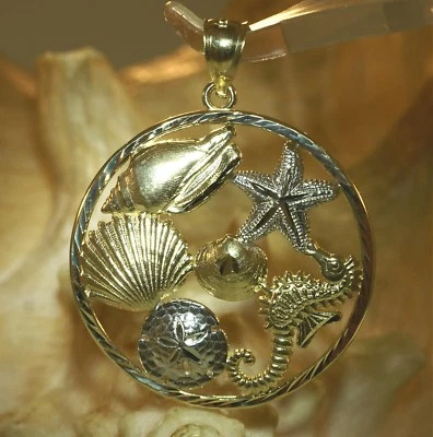 31 ММ 2-ЦВЕТНЫЙ 14K ЖЕЛТОЕ ЗОЛОТО DC ГАВАЙСКИЙ МОРСКОЙ КОНЕК МОРСКАЯ ЗВЕЗДА РАКОВИНА КРУГ ПОДВЕСКА - Изображение 1 из 4