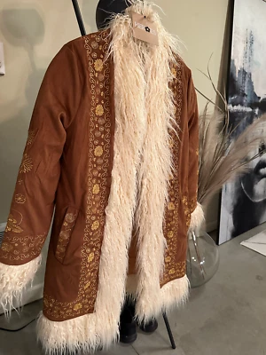 Embroidered Coat Faux Fur Winter/Festival/Burner Brown 70s size UK 4/US 2 or 0 - Image 1 of 4