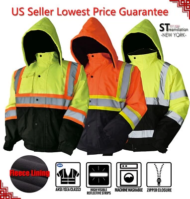 Hi Vis Class 3 Insulated Safety Jacket Bomber Jacket Coat Fleece Reflective  - Image 1 of 4