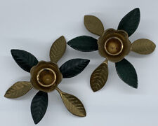 Pair of Brass and Green Magnolia Leaf Candle Holders Made in India Solid Brass