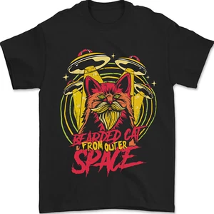 Bearded Cat From Space Outer Aliens UFO Mens T-Shirt 100% Cotton - Picture 1 of 2