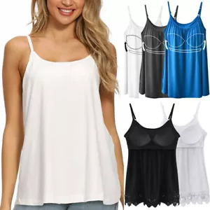 S-4XL Camisole Flowy Tank Tops with Built in Bra Womens Basics Sleeveless Vest - Picture 1 of 16