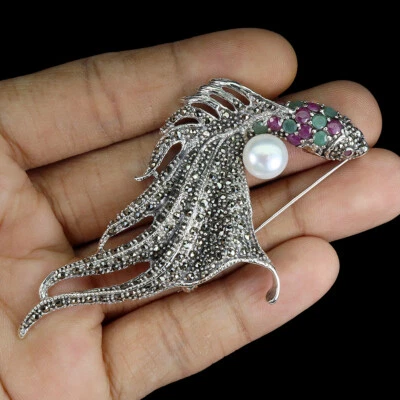 Summer 925 Silver Brooch Round Ruby Emerald Marcasite Pearl Gemstone Jewelry - Image 1 of 4