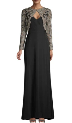 TADASHI SHOJI Black Gray Gold Darya Embroidered Lace Crepe Stretch Gown 2 - Image 1 of 4