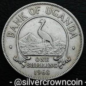 Uganda 1 Shilling 1968. KM#5a. One Dollar coin. Crowned Crane. Bird. Mountains. - Picture 1 of 7