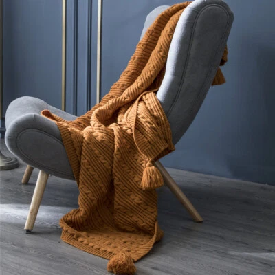 Knitted Blankets Throw Thread Pom Pom Tassel Sofa Bed Office Nap Home Blanket - Image 1 of 4